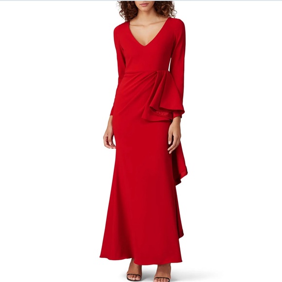 Badgley Mischka Dresses & Skirts - Badgley Mischka Red Long Sleeve Front Ruffle Gown Size  8